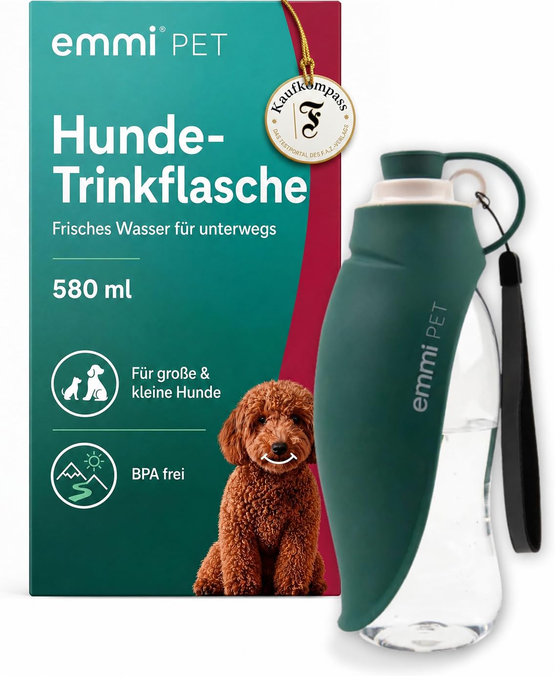 emmi-pet Butelka na wodę dla psa 600 ml z pojemnikiem na karmę 150 ml – Przenośna butelka na wodę dla małych i dużych psów – Idealna na podróże, wędrówki i aktywność na świeżym powietrzu