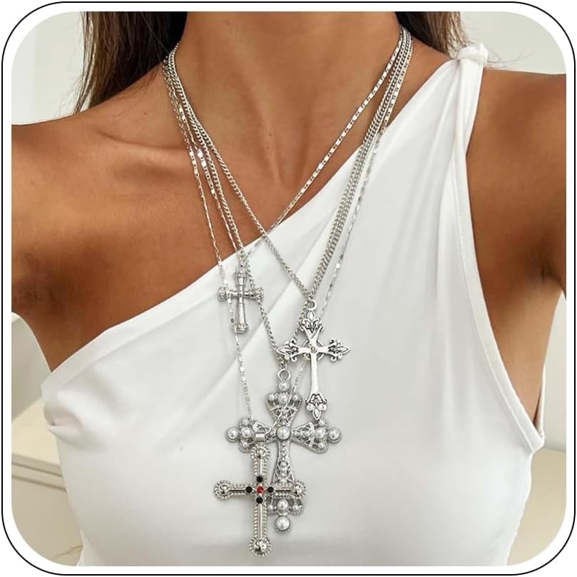 Aonklot Chunky Cross Necklace for Women Stackable Cross Pendant Necklace Paperclip Chain Charm Long Statement Jewelry Gifts Trendy Stuff Accessories