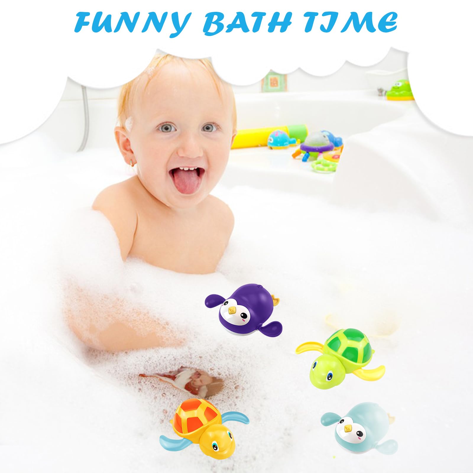 Jouets De Bain Bébé 4 Pièces – Animaux Flottants à Remonter (dauphin, Tortue, Canard, Crabe), Pour Bain Et Piscine