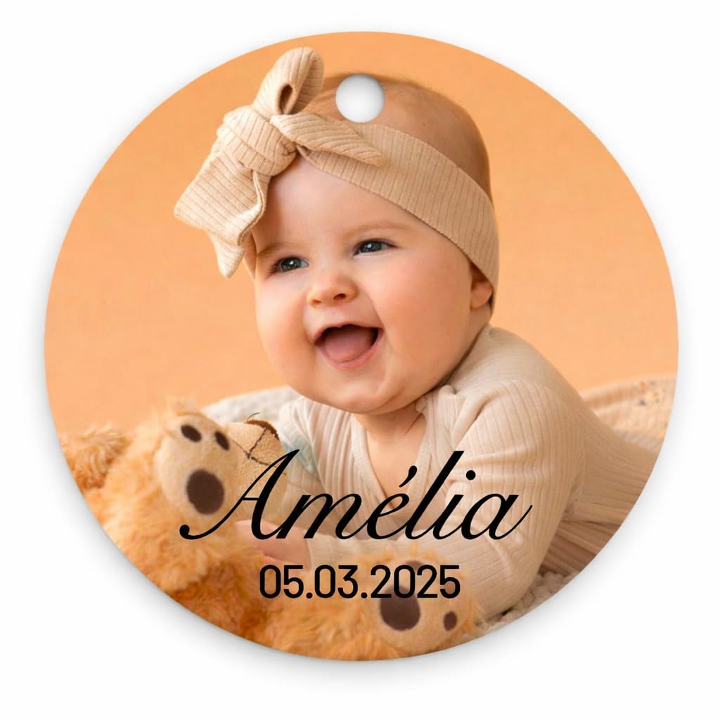 Étiquettes personnalisées rondes photo baby shower naissance baptême 3,7cm 4,5cm mat brillant perforées cadeaux invités