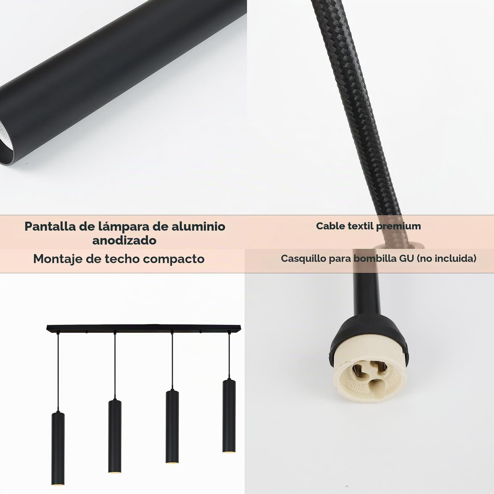 Alpinaluz Lámpara Colgante Lineal Negra de 4 Luces con Tubos de Aluminio de 30 cm y Cable Textil Ajustable, Estilo Moderno y Minimalista para Cocina o Comedor, Portalámparas GU10, Barra de 100 cm