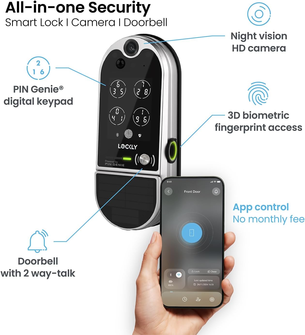 Lockly Vision smart lock with app interface showing features like night vision camera, 3D biometric fingerprint access, app control, and doorbell with 2-way talk.