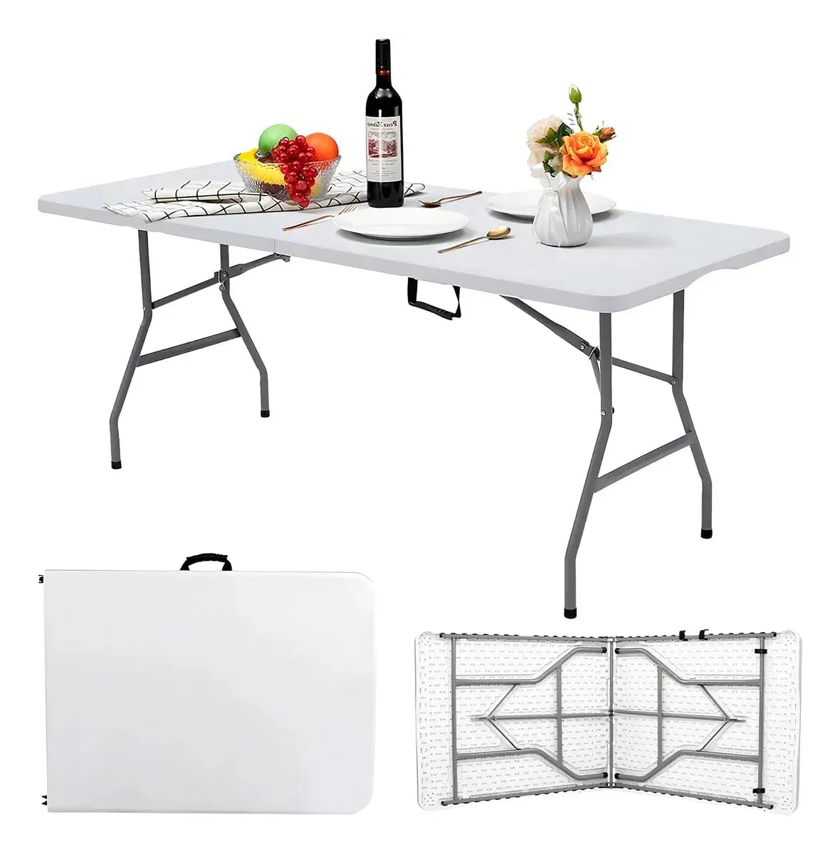 BSD MY HOMEX Mesa Plegable de 180 cm Tipo Portafolio, Mesa Rectangular de Plástico Portátil para Jardín, Camping, Fiestas, Eventos y Reuniones, Uso Interior y Exterior