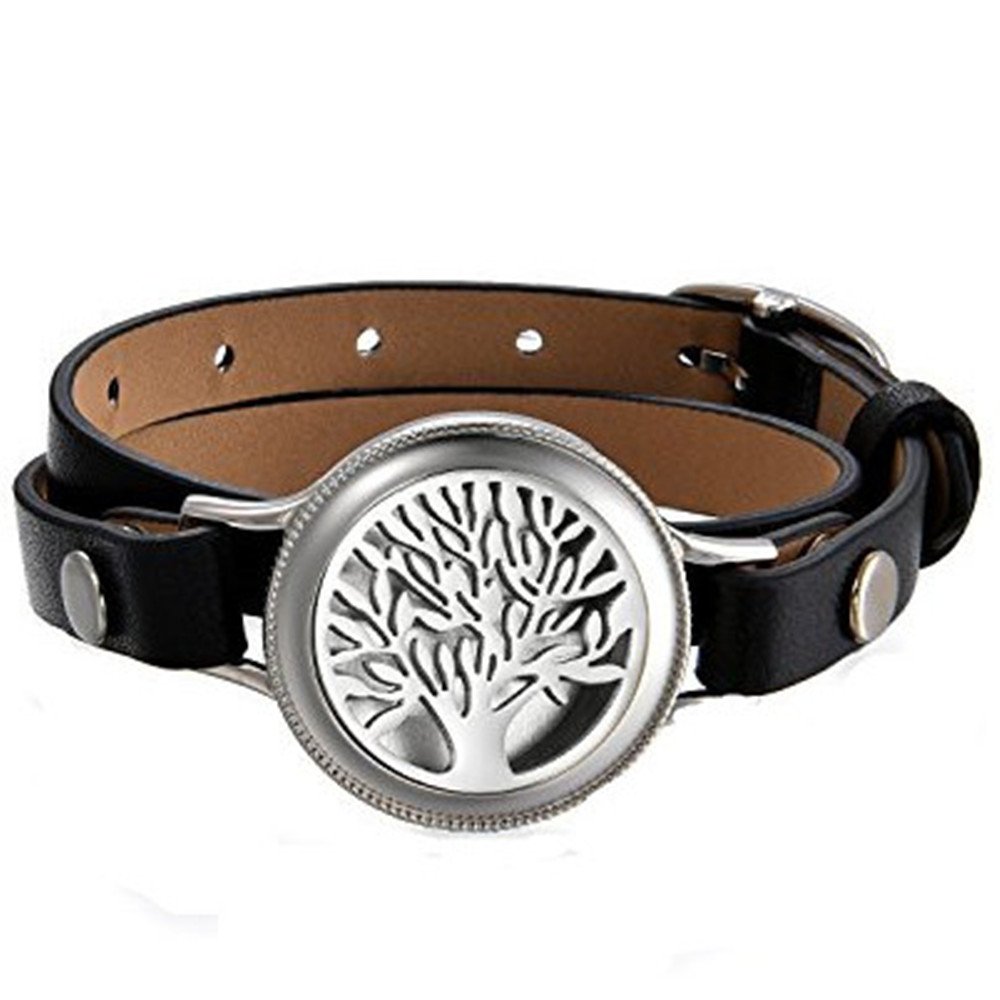 JewelryWe Pulsera de Cuero para Hombre Mujer, Aromaterapia Difusor de Aceites Esenciales Locket Acero Inoxidable, Brazalete con Hebillas Ajustable Regalo de Amistad
