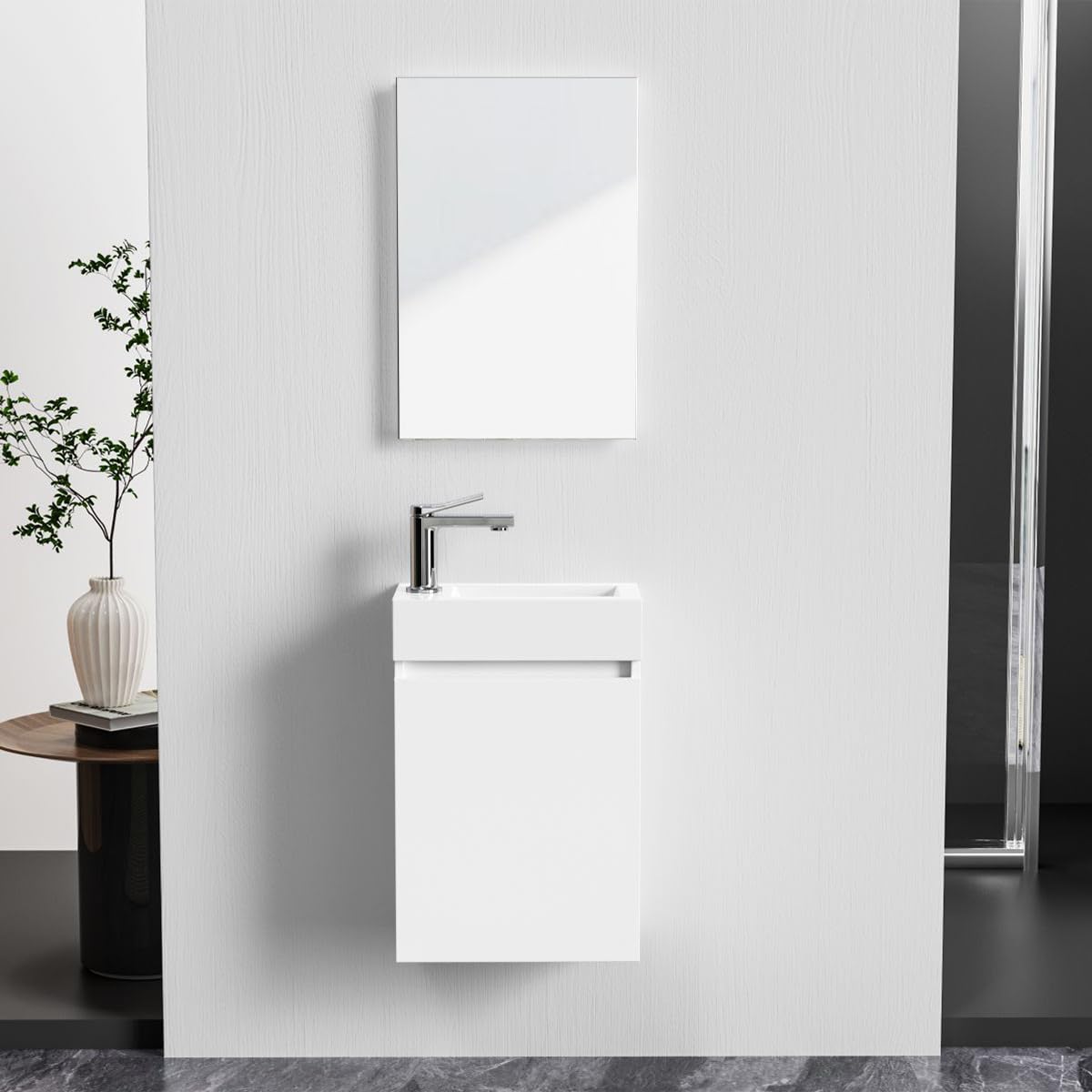 Belvit Badmöbel Set 40 cm, Handwaschbecken aus Kunstmarmor 40,5 x 22,5 cm, MDF Unterschrank grifflos mit Soft Close Tür umkehrbar, Spiegel, wandhängend, inkl Montagematerial, Weiß glänzend