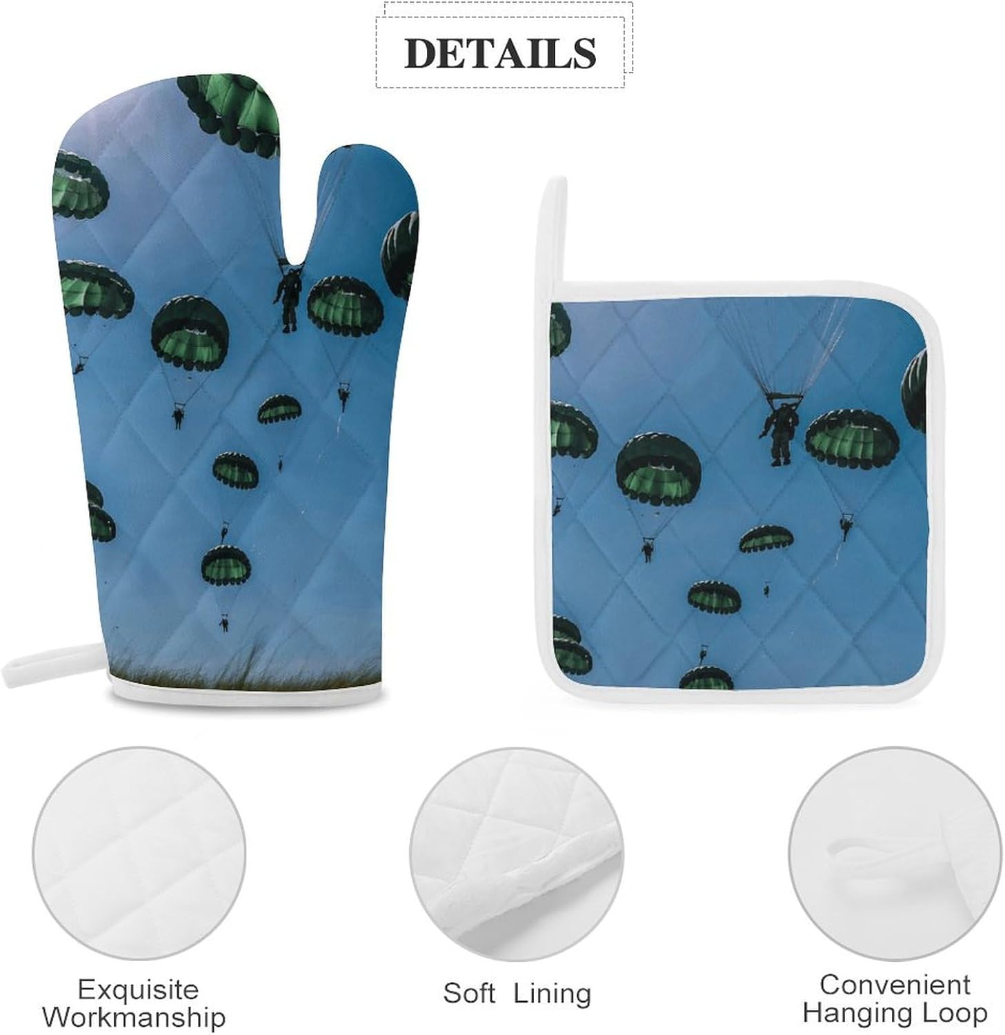 Oven Mitts Pot Holders Kitchen Green Parachute Heat Resistant Oven Glove for Baking and Cooking