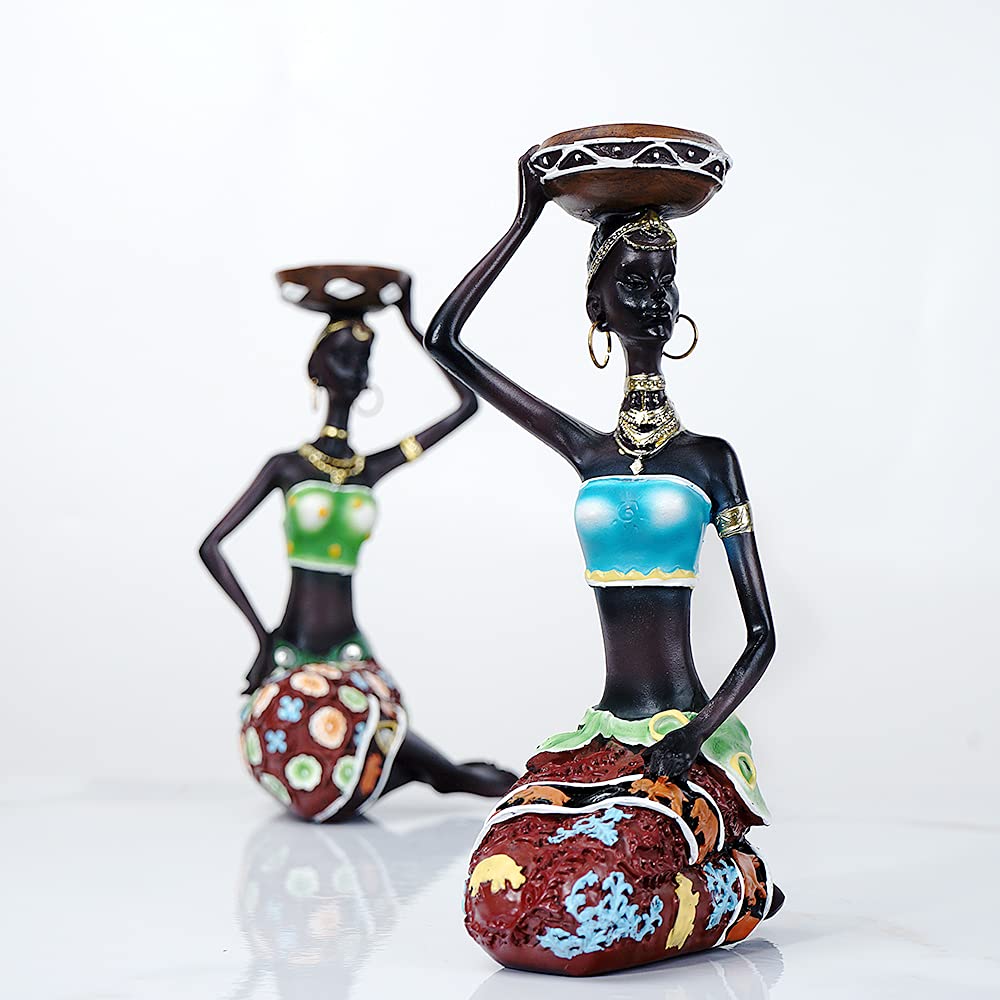 HYFAN Statua w stylu afrykańskim czarna kobieta świecznik europejski styl dekoracja vintage rzeźba prezenty retro figurki ręcznie robione świeczniki ozdoby do domu stołu w jadalni (czarny, opakowanie 2 szt.)