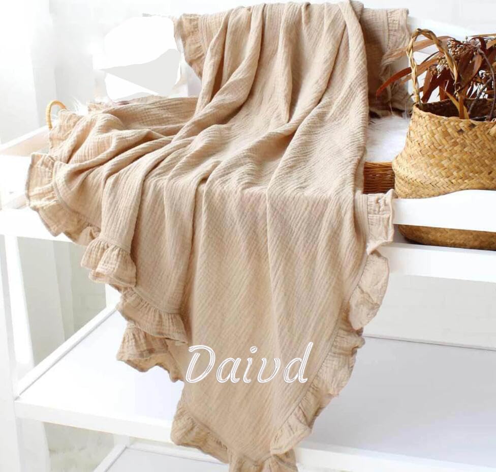 REEG Personalised Frill Edge Baby Blanket | Pram Blanket | Organic Cotton Baby Blanket | Frill Blanket | New Baby Gift (Khaki,Not customized)