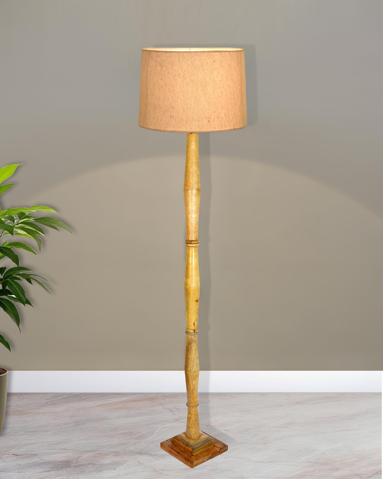Homesake®Rustic Wood Floor Lamp for Living Room Walnut Brown with Multicolor Fabric Lamp Shade | Light Decoration | Corner Lamp for Living Room & Bedroom | Antique Floor Light, Fanny Figure, Off-White-image-4