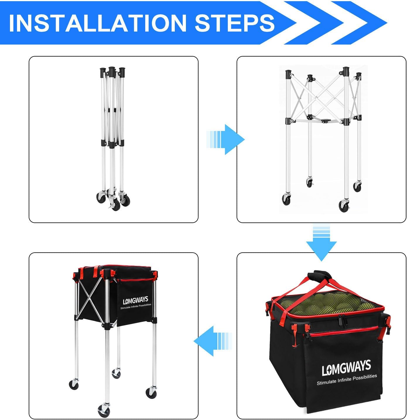 Pickleball Tennis Ball Hopper-Foldable Lightweight Tennis Cart Holds 180 Tennis/160 Pickleballs with Removable Bag,Wheels,Side Pocket for Training/Teaching, for Tennis/Pickleball/Baseball/Softball