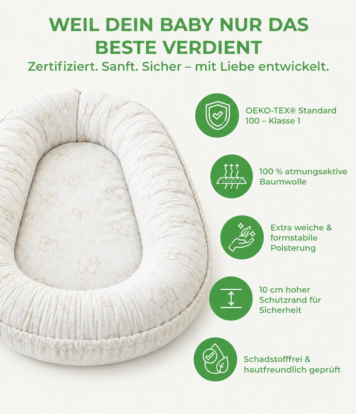 Babynest für Neugeborene – 100% Baumwolle, Oeko-TEX zertifiziert – Waschbares, atmungsaktives Nestchen für Bett, Sofa & Reisen