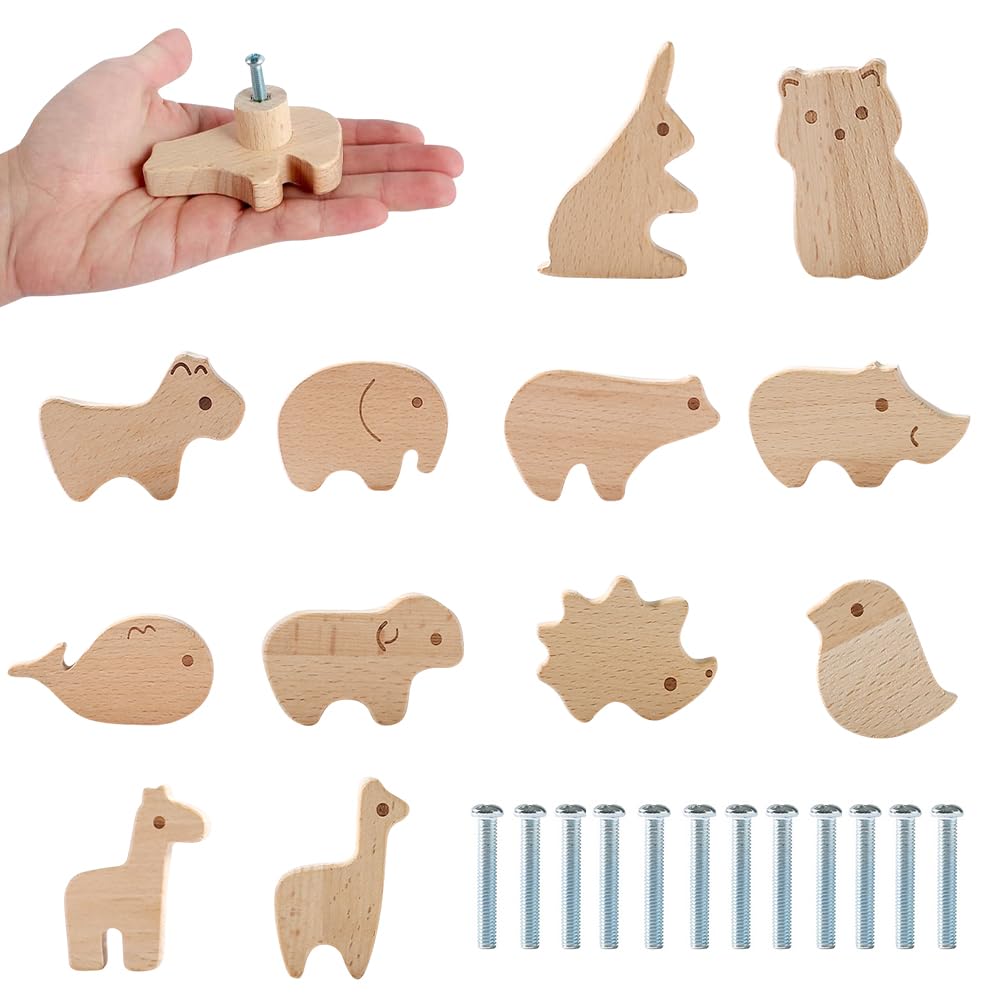 Pomelli per Mobili Bambini,12 pezzi Pomelli per Mobili,Pomelli Legno,Maniglie per Mobili Bambini,Pomelli per Armadi,Pomelli Armadio Bambini Animali con Viti,Adatto per La Cameretta Dei Bambini