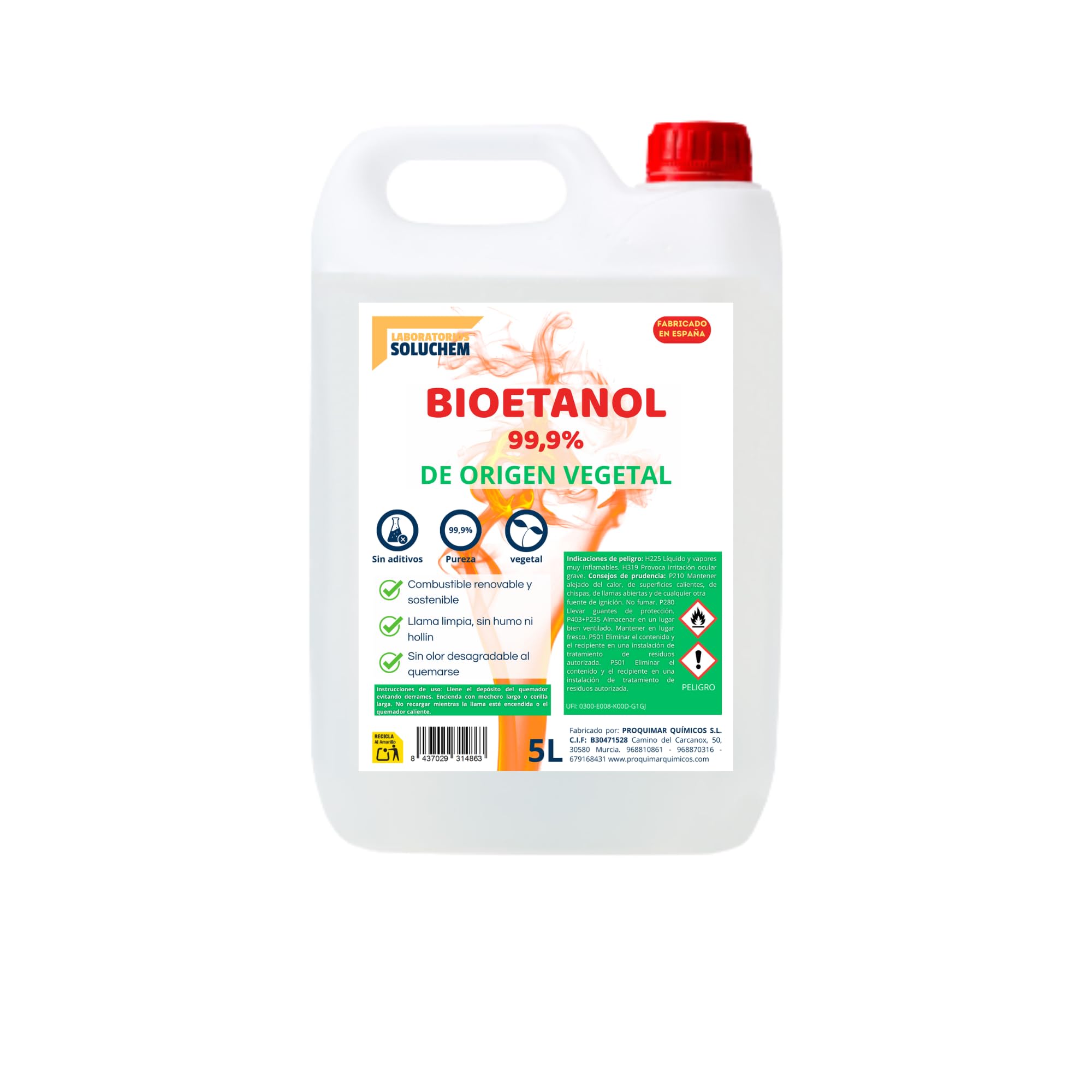 Bioetanol 99,9% Origen Vegetal | Sin Cánula | Combustible Limpio para Chimeneas de Bioetanol | Sin Humo ni Olor | Ecológico y Renovable | Apto para Quemadores y Estufas de Bioetanol (5 litros)