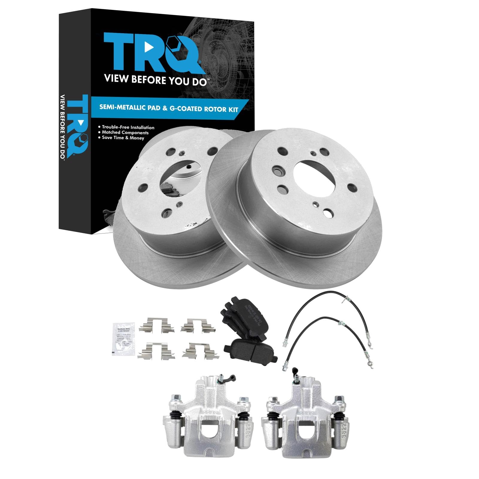 TRQ Rear Brake Pad &amp; Rotor Kit Semi-Metallic Premium G-Coated Compatible with 2005 Toyota Avalon