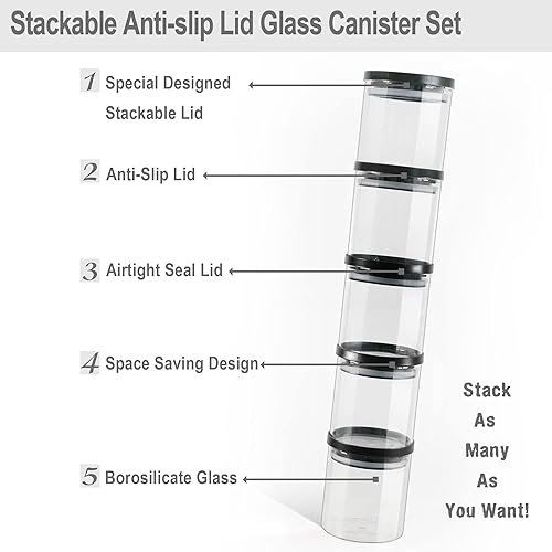 Miniatura 3 de Tarros de vidrio con tapas negras, recipientes de almacenamiento de alimentos con tapas apilables, juegos de tarros de alimentos y recipientes,
