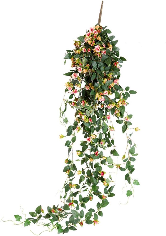 JUSTOYOU Artificial Hanging Plants with Rose Flowers, 5FT Garland Fake Hanging Flower Greeny Chain Wall Home Room Garden Wedding Indoor Outdoor Decorative (Light Pink, Not Include Basket)