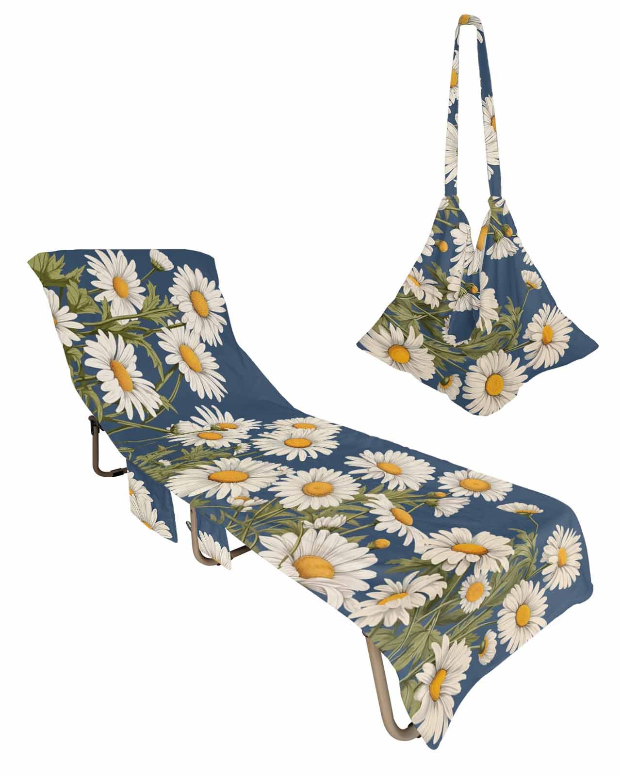 Daisy Beach Lounge Chair Towel Cover, Soft Chaise Lounge Towel with Side Pockets Patio Pool Chairs Cover for Beach/Pool Sunbathing 29x85 Spring Floral Summer Botanical Elegant Navy Blue