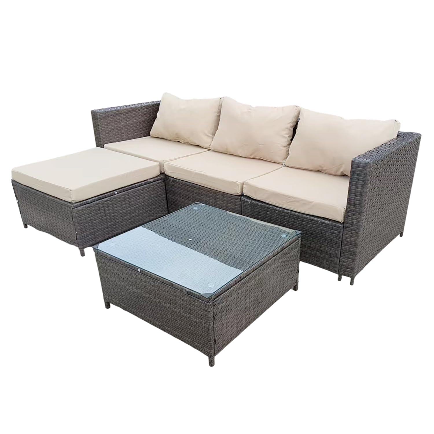 Grennswick 4-Seater All-Weather Rattan Corner Sofa Set With Tempered Glass Coffee Table, Ottoman - L-Shaped Patio Garden Furniture (Mix Dark Natrual Brown+brown Cushion)