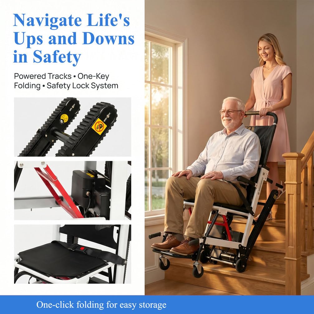 Silla de Ruedas eléctrica para Subir escaleras, Silla elevadora Plegable de Aluminio, batería 24V/13Ah, orugas de Goma, Silla de evacuación portátil para Ancianos y discapacitados,Negro