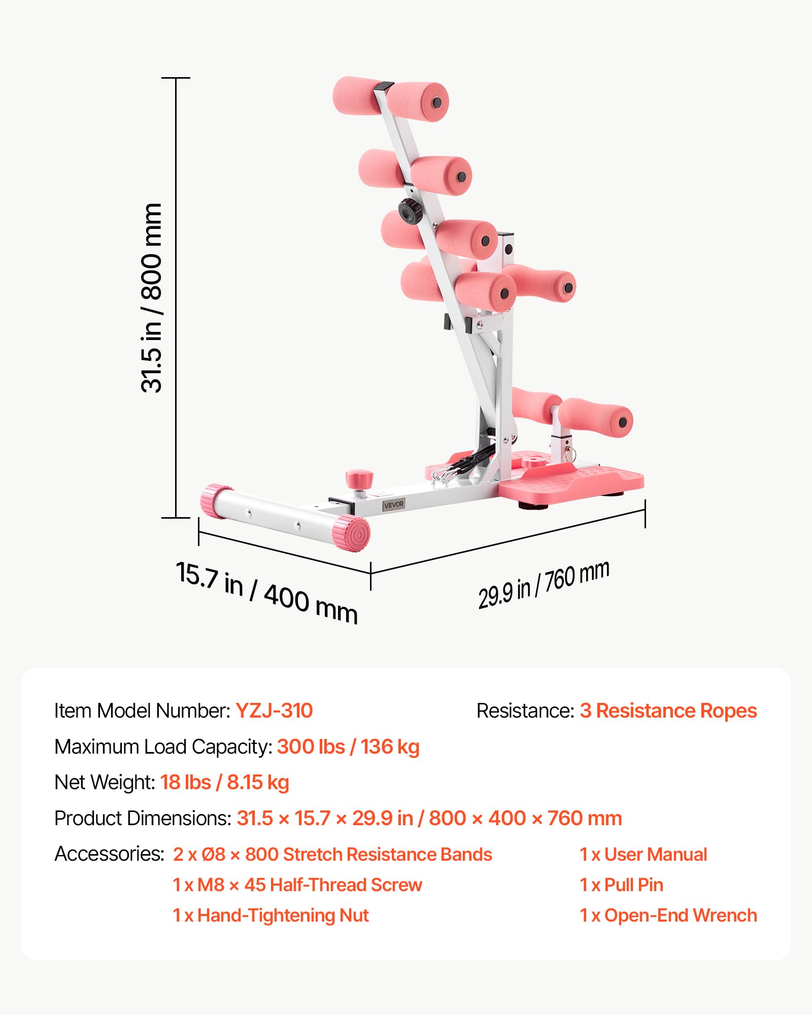 VEVOR Macchina per Squat Profondi Carico 136 kg Fitness Allenamento Casa, Allenatore per Glutei Regolabile con 3 Bande Elastiche Attrezzatura Pieghevole per Core da Palestra Domestica, Rosa e Bianco