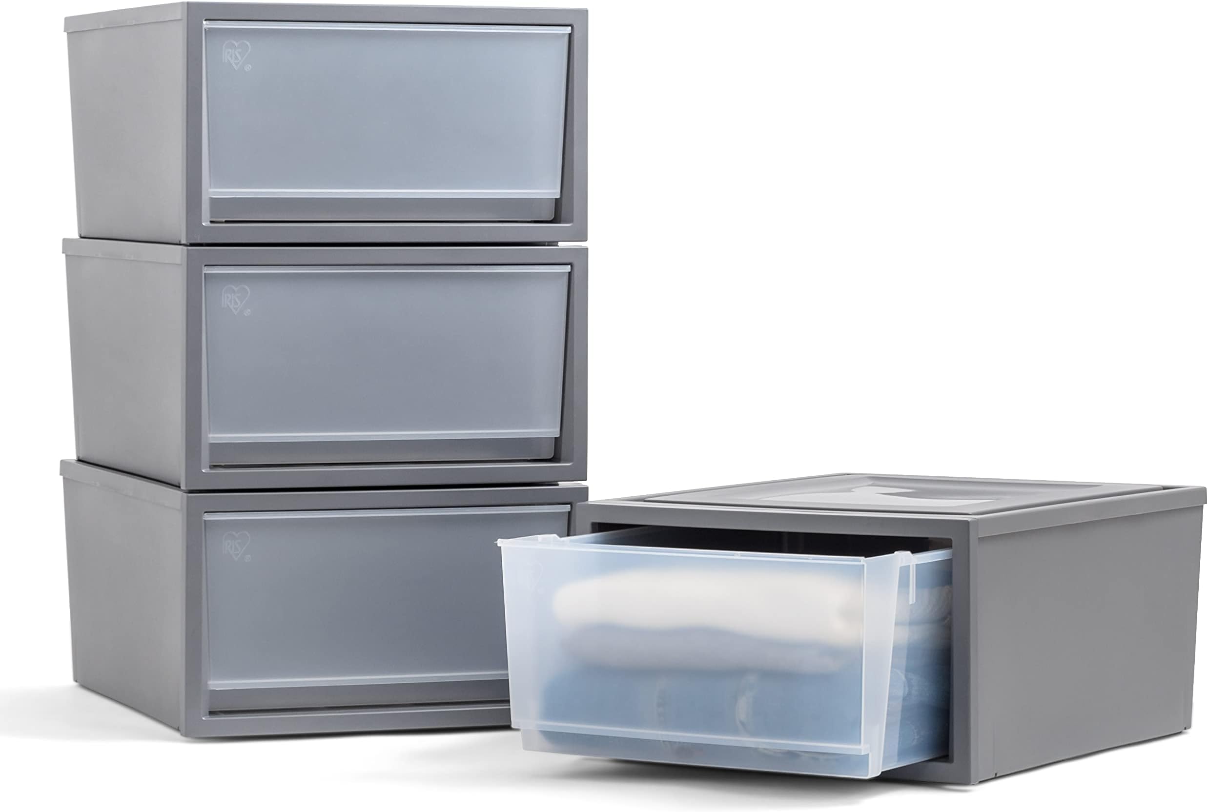 IRIS USA 34 Qt. Plastic Drawer Storage Organizer Stacking Drawers, 4-Pack, Stackable Unit with Sliding Drawer for Clothes Bedroom Kitchen Under Sink Pantry Craft Room Bathroom Dorm Office, Dark Gray