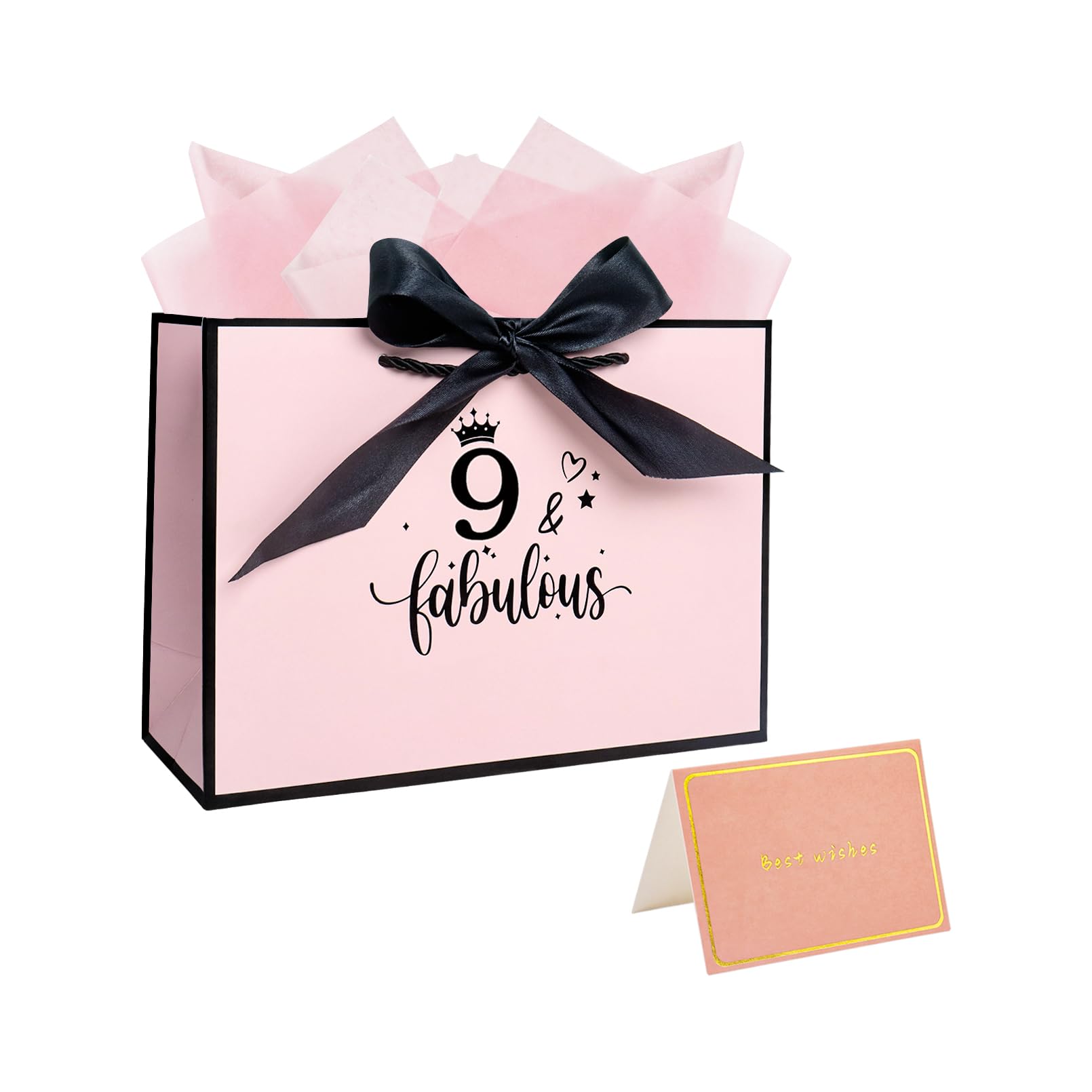 Nwvuop 11.0× 8.0× 4.0 Inches 9th Birthday Gift Bag for Girls, Pink Gift Bag for 9 Year Old Girls with Tissue Paper and Card — image 1