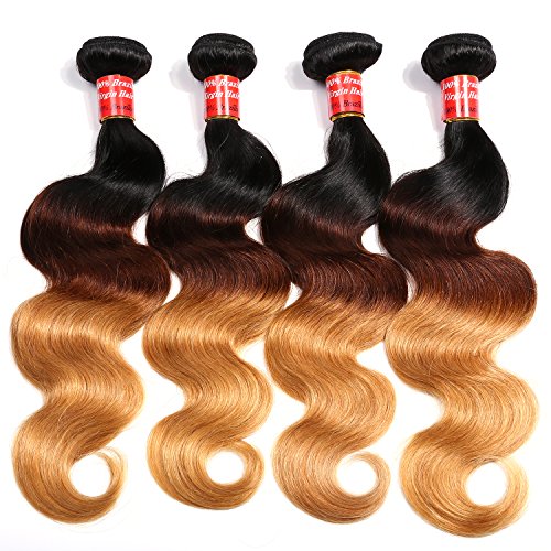 Brazilian Hair 4 Bundles,QueenStar Brazilian Virgin Body Wave Ombre 16 18 20 22 Inch 1b/4/27# Human Hair Virgin Body Wave Hair Weave Grade 7A