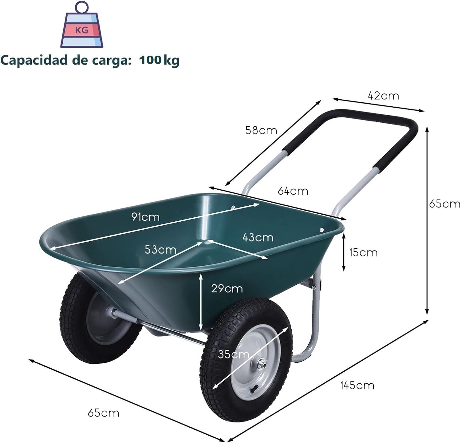 COSTWAY Carretilla con 2 Ruedas de Jardín, Carro Resistente con Estructura en Acero Robusto y Ruedas Neumáticas 35,5 cm, Gran Capacidad de Carga de 100 kg (Verde)