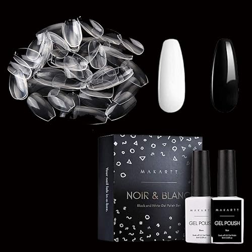 Makartt Juego de 500 uñas cortas con forma de ataúd con esmalte de uñas de gel blanco y negro, 500 uñas transparentes de cobertura completa, 2