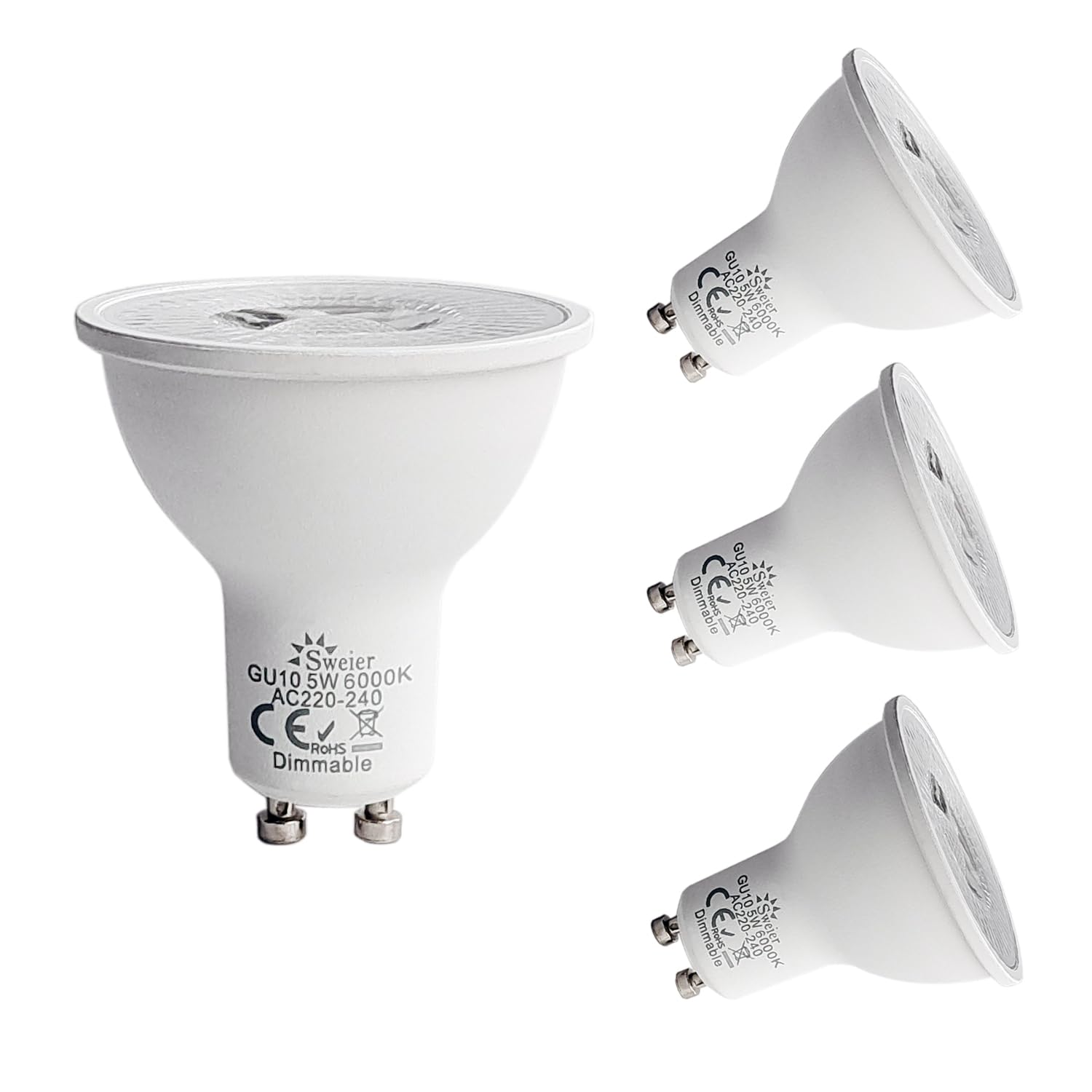 4 lampadine LED Sweier da 5 W, dimmerabili, bianco freddo, 6000 K, GU10, 430 lm, faretto alogeno da 50 W, 220-240 V, angolo di diffusione 38°, lampadina a risparmio energetico