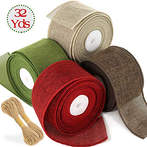 JACK CHLOE 32Yards 2-1/2'' Christmas Wired Ribbon, Burlap Wired Ribbon Rolls in Spring Green Scarlet Dark Brown Khaki, Prefect for Christmas Decor Gift Wrapping Wedding Floral Bows Christmas Tree