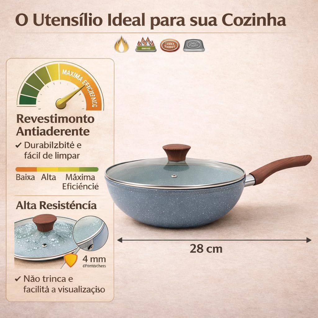 Frigideira Wok Verona com Indução e Revestimento Cerâmico e Tampa de Vidro Funda Antiaderente com Tampa, 28 cm 4.3 Litros, Alumínio 2.3 mm Cabo Baquelite Antitérmico Livre de PFOA (Azul)