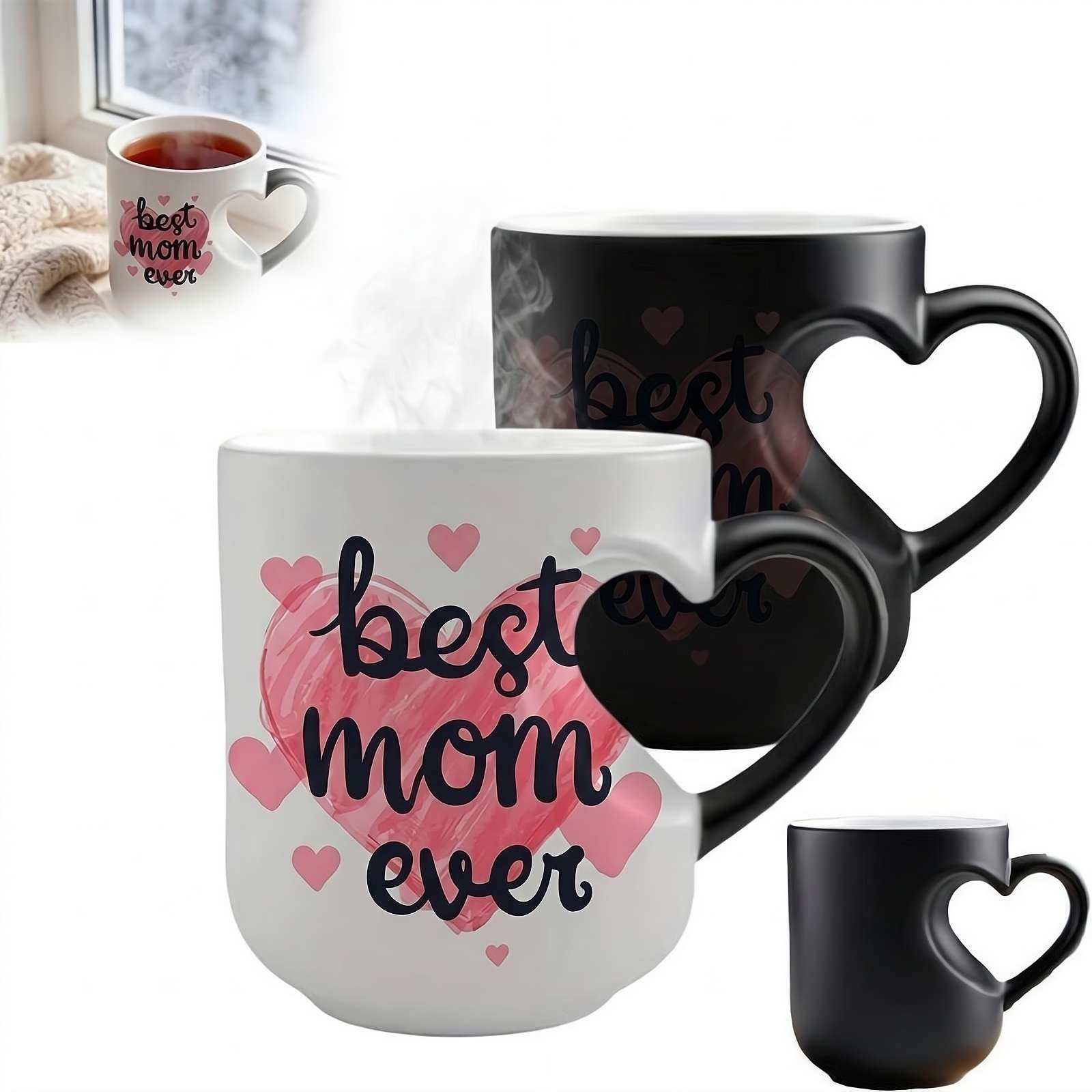 1PCS Heart-Shaped Color-Changing Magic Mug, Mother's Day Funny Ceramic Coffee Cup with Surprise Design Reveal, Romantic Heat-Sensitive Gift to Mom, Couples, & Anniversaries