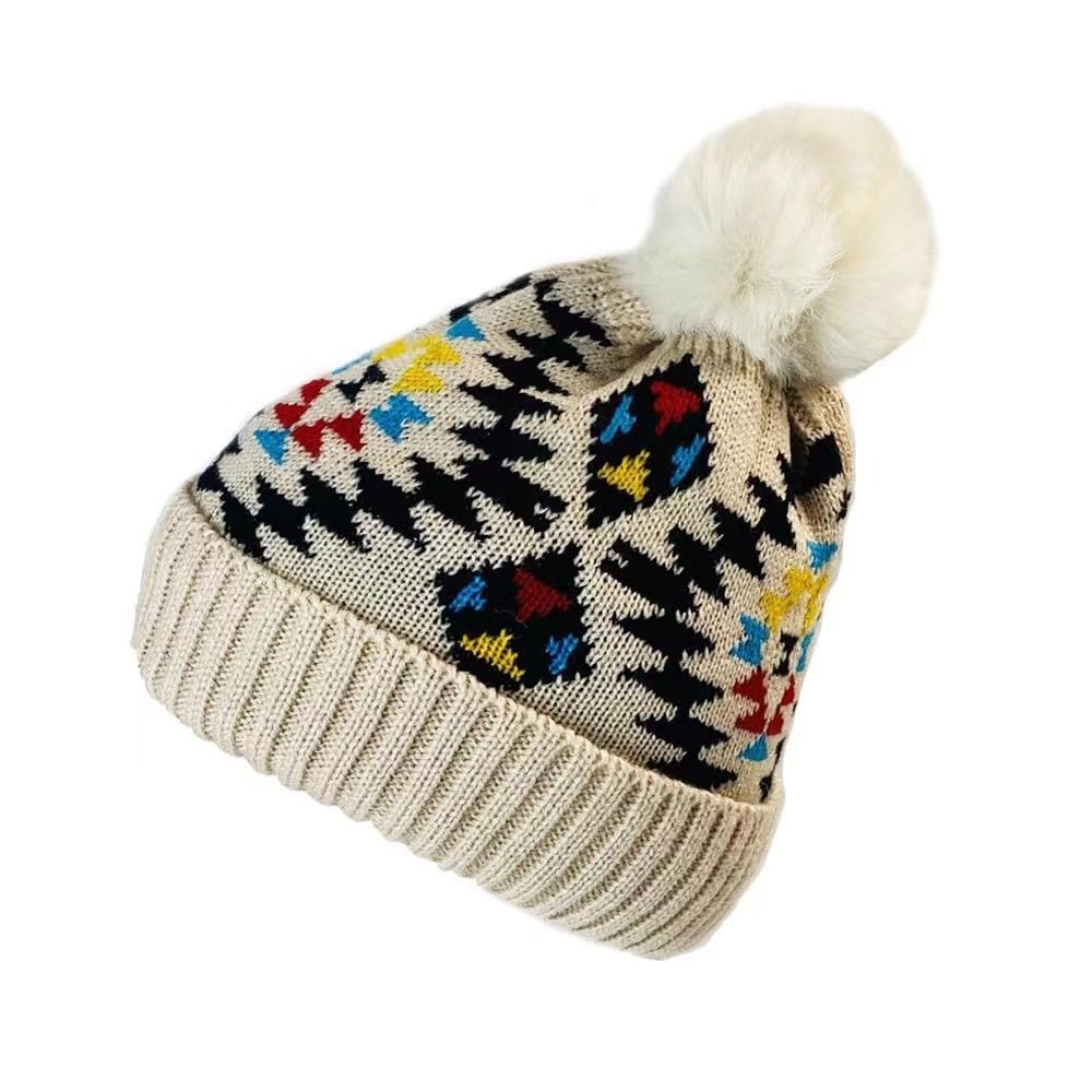Kgm Accessories Beige Hand Crafted Native American Indian Pattern Bobble Beanie Hat (Beige)