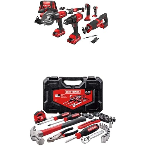 CRAFTSMAN V20 Cordless Drill Combo Kit, 7 Tool with Mechanics Tools Kit/Socket Set, 57-Piece (CMCK700D2 & CMMT99446)