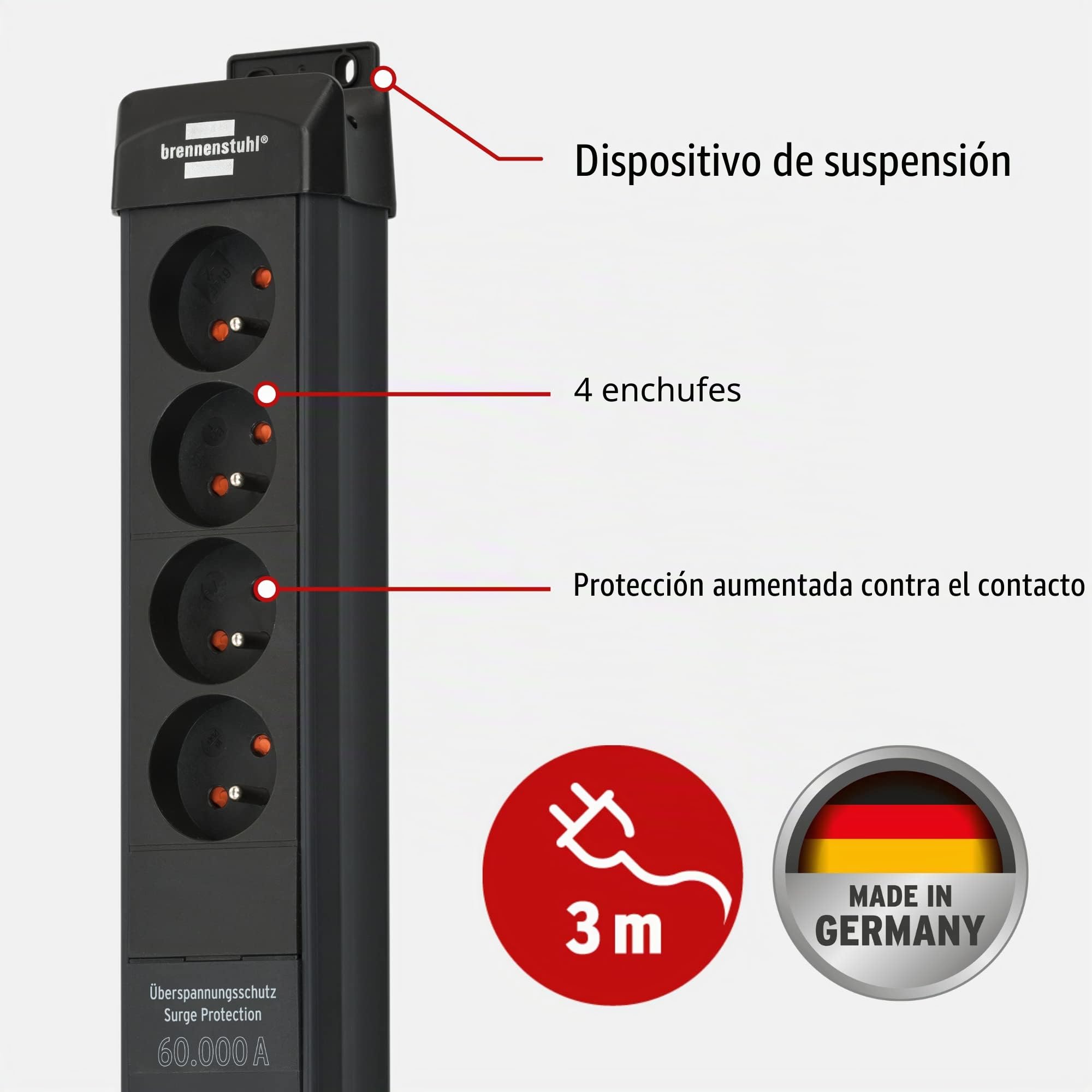 Regleta de enchufes Premium-Line de 4 vías con protección contra sobretensiones de hasta 60.000 a (Cable | Con protección contra sobretensiones de hasta 60.000 A, con interruptor, fabricado en Alemania, color negro