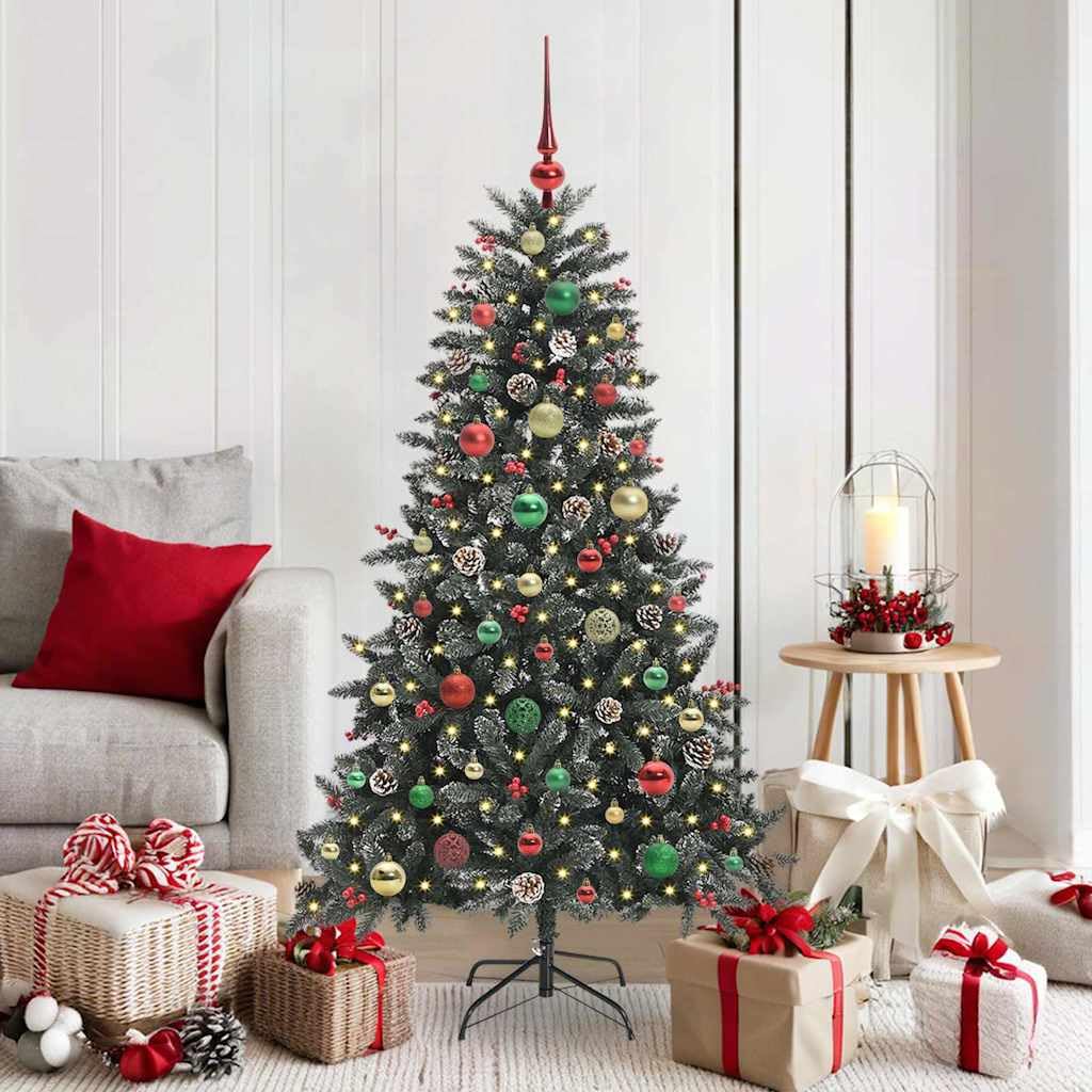 Árbol de Navidad artificial verde de 150 cm decorado con piñas y bayas navideñas