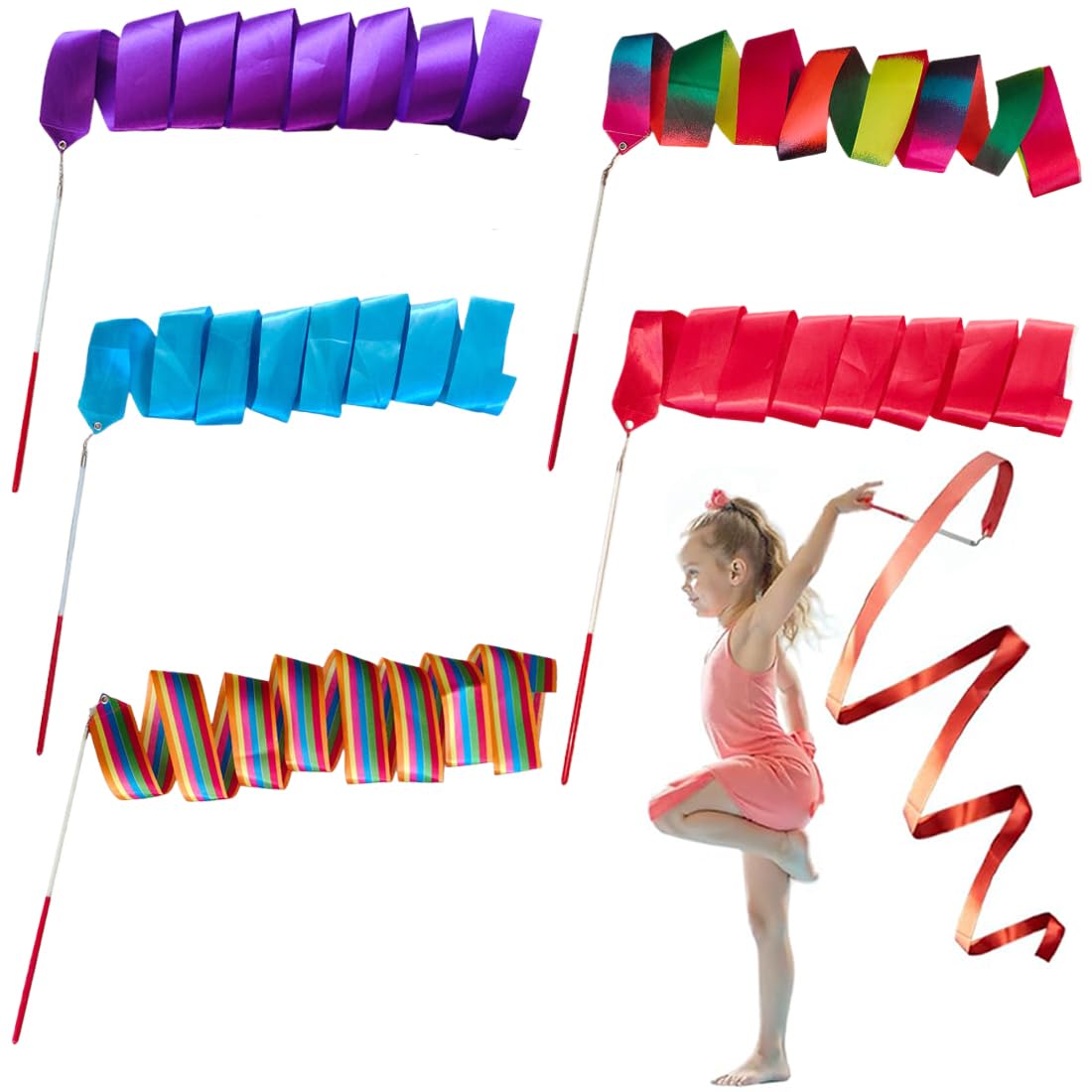 5 Pezzi Nastro Ginnastica Ritmica,2M,Confezione Nastro Ginnastica Ritmica Bambina,Nastri di Ballo,Adatti per Allenamento di Danza Artistica,Spettacoli di Talenti