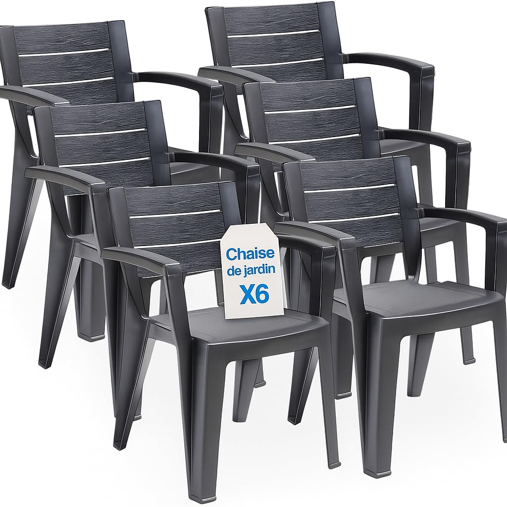 Tomaino - Lot de 6 chaises de jardin en plastique maya - empilables avec accoudoirs et dossier à lattes - Chaise de jardin pour extérieur, terrasse ou bar - Noir