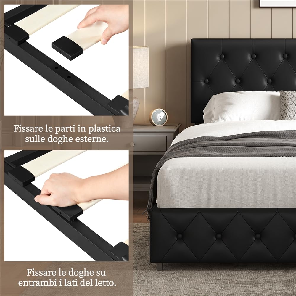 Yaheetech Letto Imbottito Matrimoniale 160 x 200 cm con 2 Cassetti Letto Contenitore con Supporti a Doghe in Legno Testiera Regolabile in Altezza con Rivetti a Punto di Tensione Nero