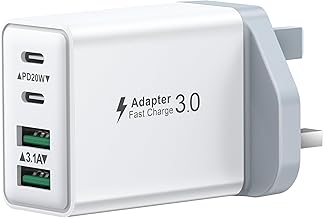 USB C Plug Fast Charge, 40W Multi USB Plug UK Fast Charger Plug 4-Port Dual Port 20W USBC Power Adapter+QC Wall Charger Head Type C Charging Plug for iPhone 16 15 14 13 12 11 Pro Max Plus,iPad,Samsung