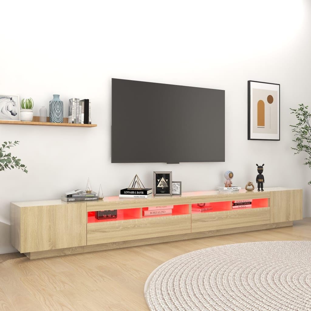 Szafka pod telewizor dąb Sonoma 300 x 35 x 40 cm, wytrzymała szafka pod telewizor z oświetleniem RGB LED, konsola medialna do salonu, nowoczesna, uniwersalna podstawka pod telewizor
