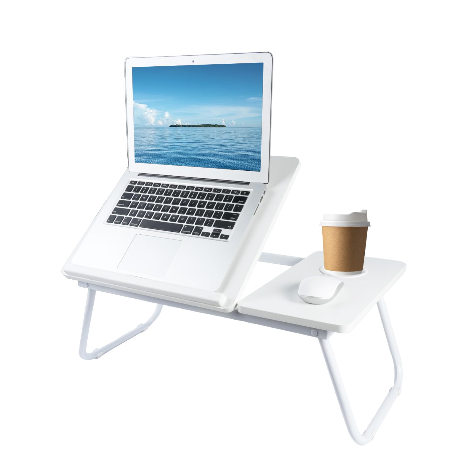 Holdfiturn Foldable Laptop Desk, Laptop Table with Cup Holder, Height Adjustable Computer Bed Tray Table, Reading Holder Notebook Stand for Eating Reading Working White — image 1