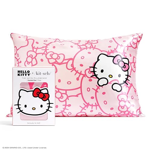 Kitsch x Hello Kitty (Pink Kitty Faces) - Satin Pillowcase with Zipper for Hair and Skin, Softer Than Silk Pillow Case, Cooling Pillow Cover, Machine Washable, Queen/Standard (19x26) - Hello Kitty - Pink Kitty Faces - Standard/Queen (1 Pack)