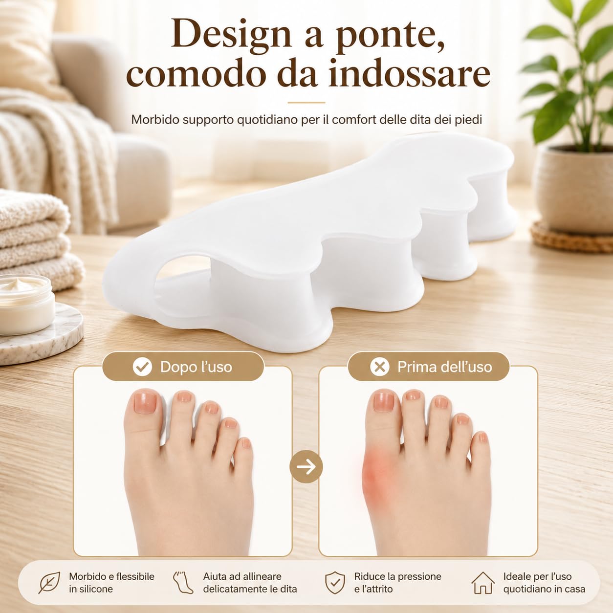 Distanfix Alluce Valgo Correttore Dita Piedi con Design a Cinque Fori Morbido Silicone per Comfort Camminata Yoga e Riposo (Bianco)