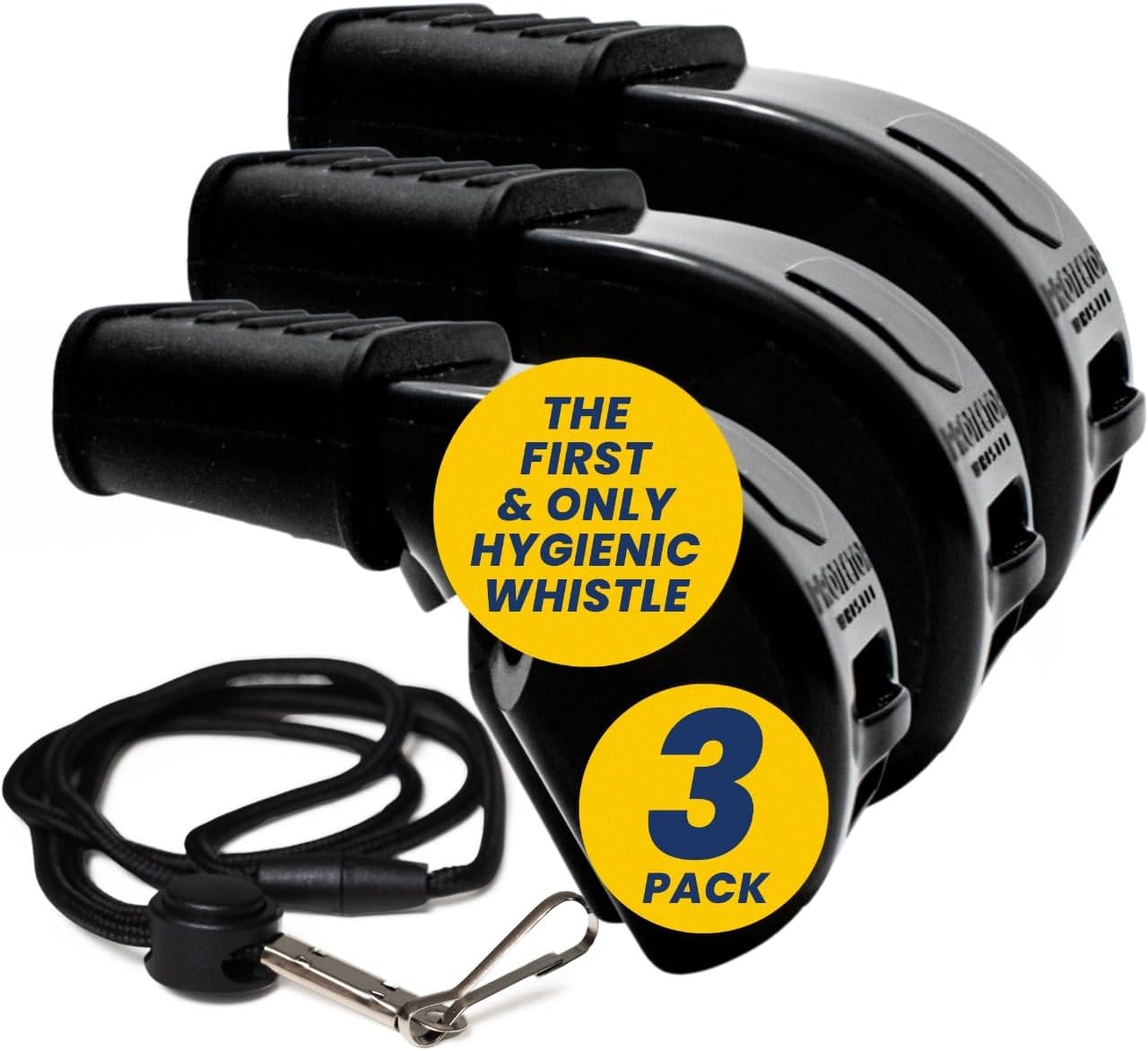 P51 - Loud Whistle for Adults Emergency Use - Plastic Safety Whistle with Breakaway Lanyard - Survival Whistle for Hiking, Camping, Kayaks, Lifeguard, Sports - Black, 3 Pack