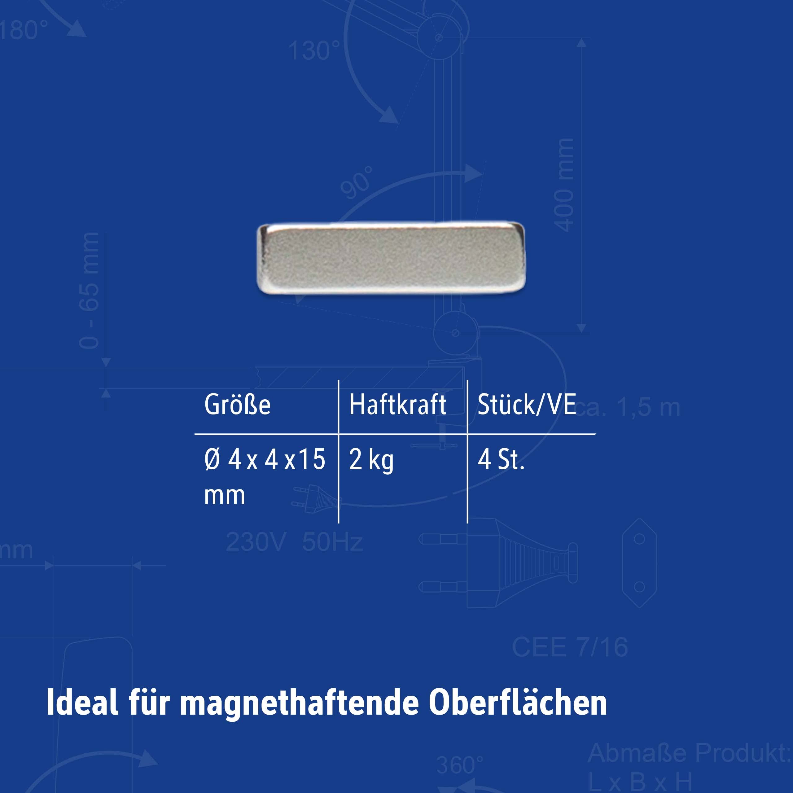 MAUL 6169096 Magnes Neodymowy, Siła Przyczepności 2 Kg, Rozmiar 4 X 15 Mm, 4 Sztuki, Kolor Jasnosrebrny