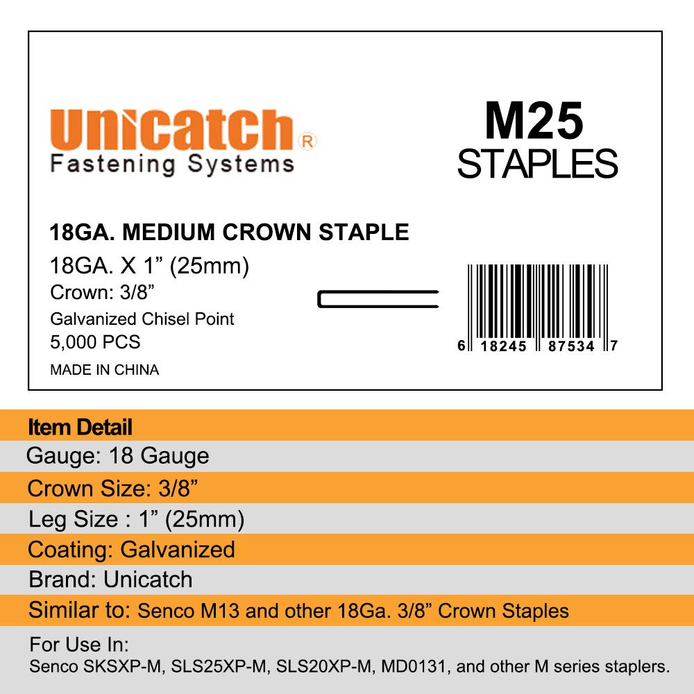 18 Gauge 3/8 Inch Medium Crown Staples 1 Inch (25mm) Legth (5,000/Box) - Similar to SENCO M Series M13…