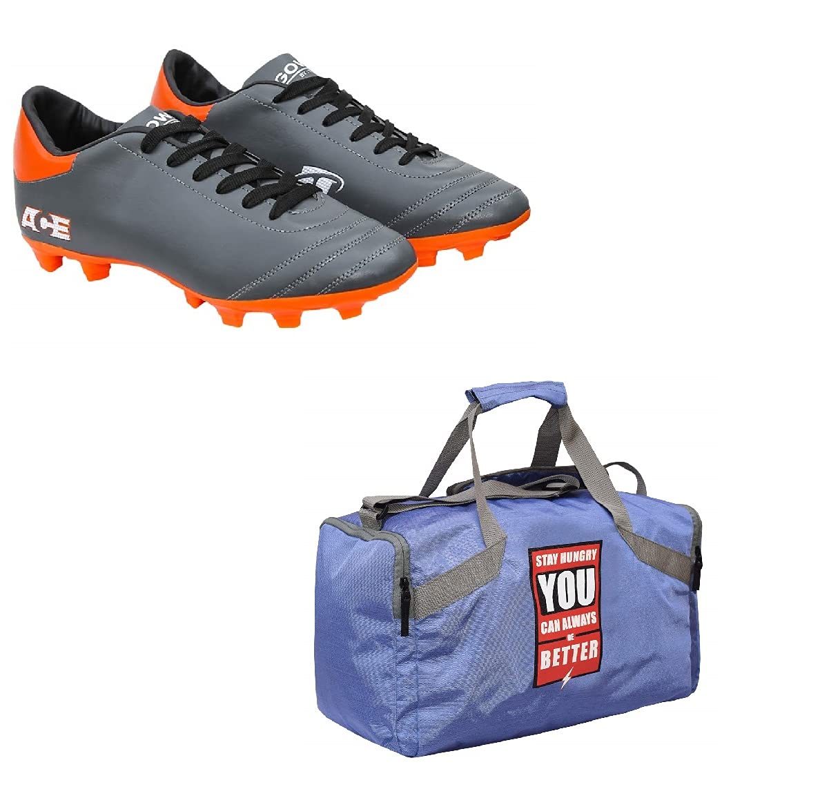 Charged Sports Bag Bouclier Stay Hungry Senior Purple with Gowin Football Shoe Ace Grey Orange Size-5