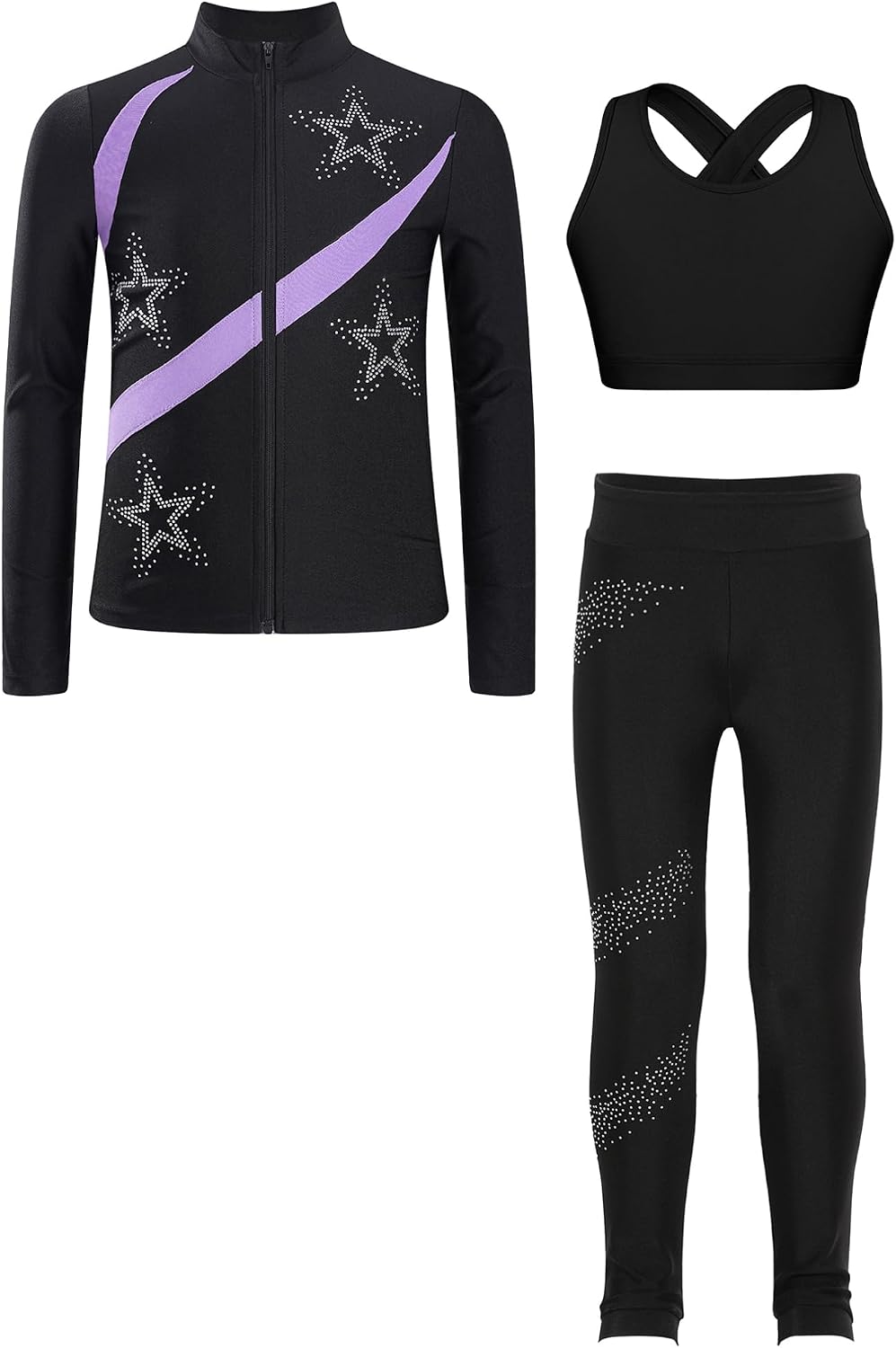 FEESHOW Kids Girls Figure Ice Skating Gym Training Suit Long Sleeve Skating Jacket Sleeveless Crop Top with Pants Set